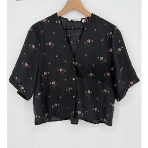 & Other Stories Floral Blouse Size 8 Black Boxy Cropped Short Sleeve Scandi Boho